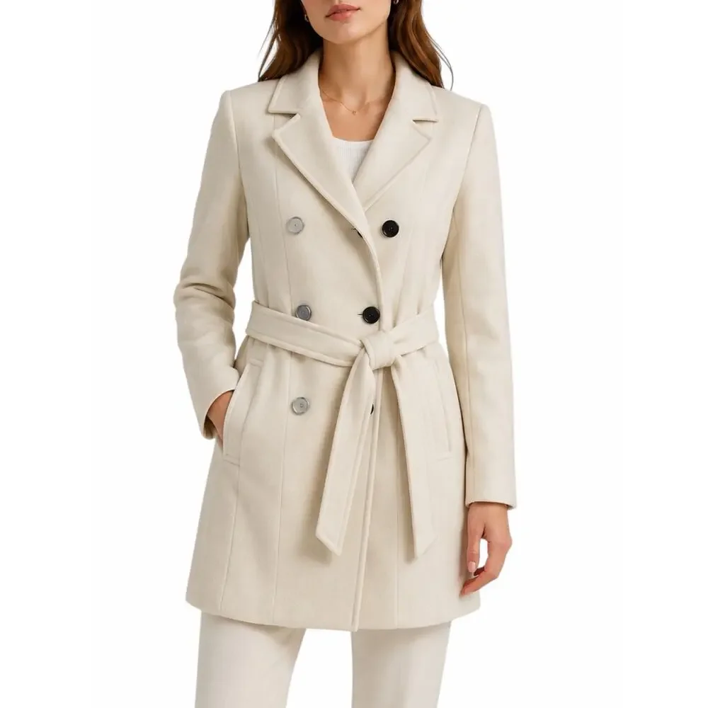 Express Premium Wool Blend Belted Double Breasted Coat Cream White Size XS